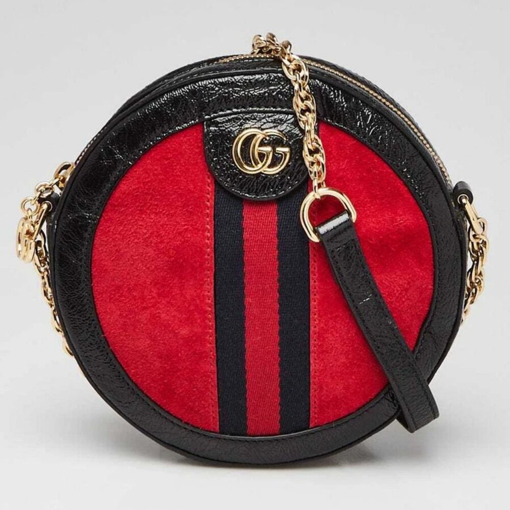 Gucci Red Suede/Patent Leather Ophidia Mini Circle Camera Bag